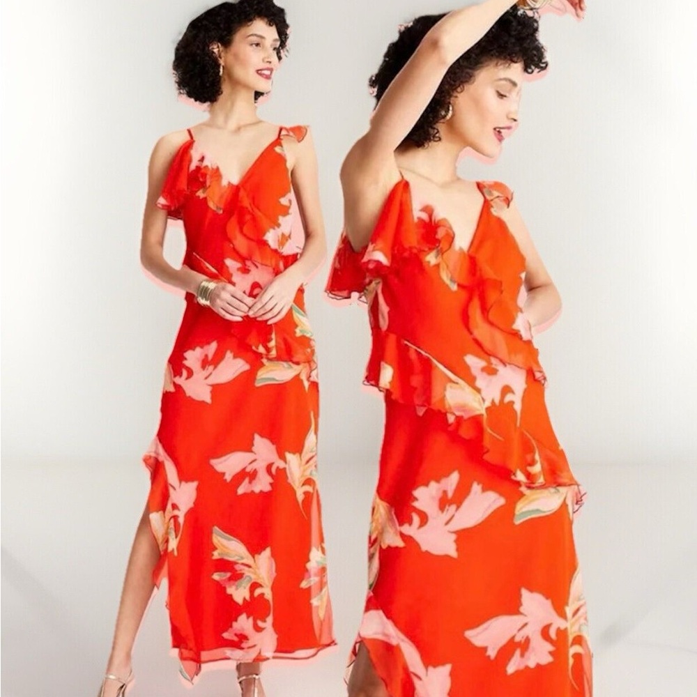 Orange Floral Ruffle Maxi Dress